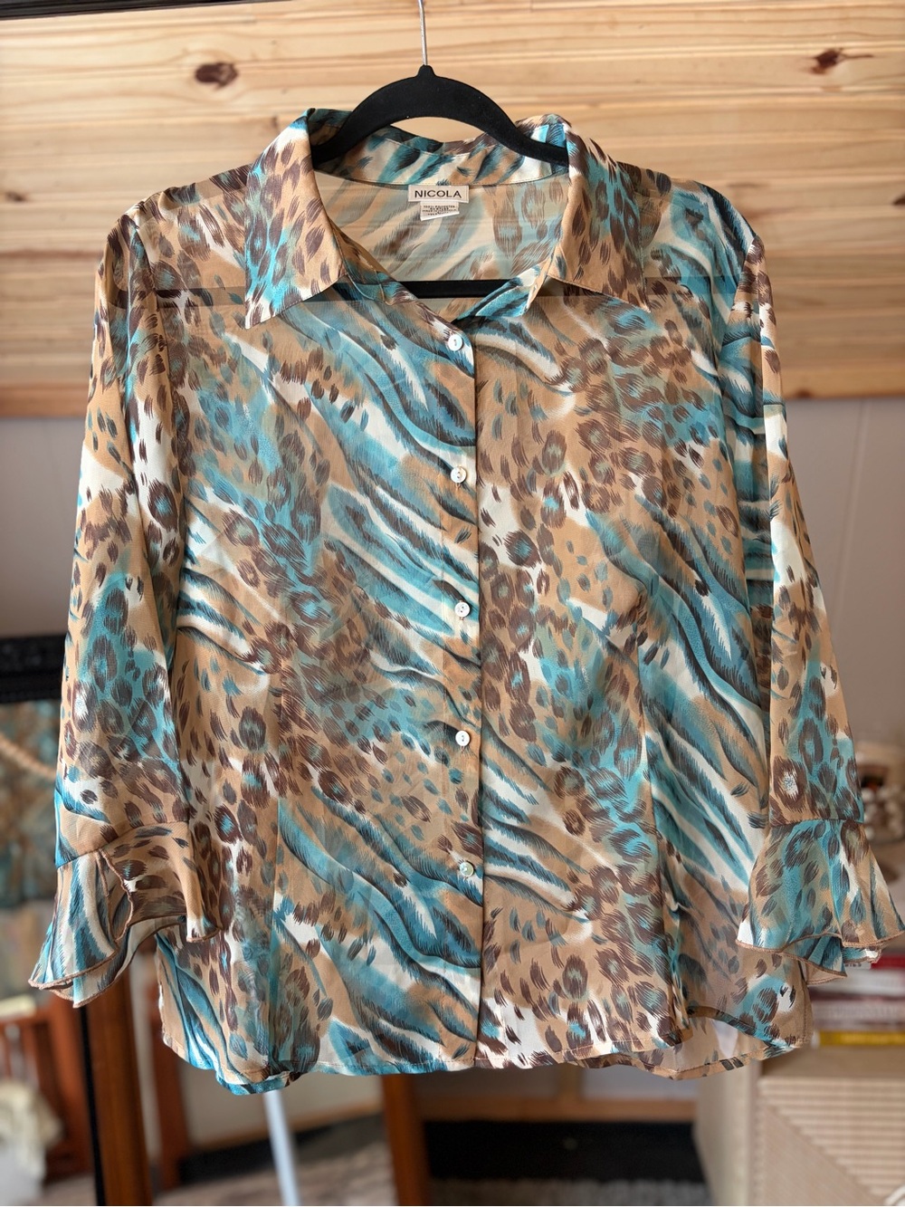 NICOLA 90’s Turquoise and Tan Animal-Print Sheer Button-Down Shirt Ruffle Size L